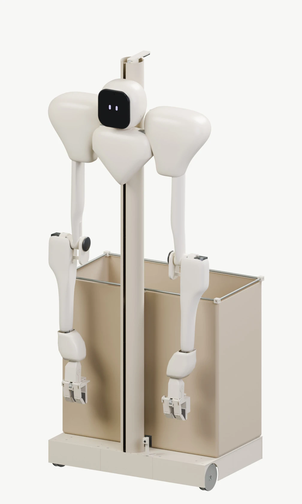 Ash-1 design visualization with a tapered V-shaped chest, broad shoulder covers, articulated arms, a face display, and a wheeled laundry bin.